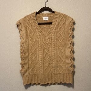 FRNCH Camel V-Neck Cable Knit Sweater Vest
